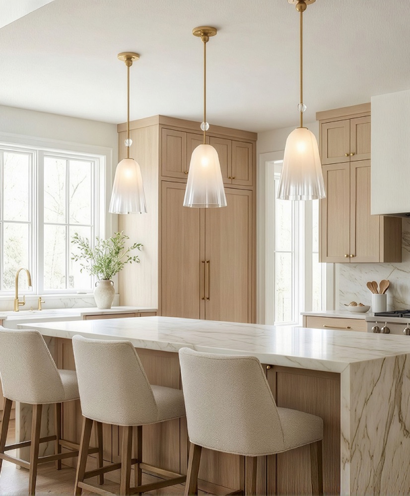 Modern apartment kitchen with warm wood cabinetry